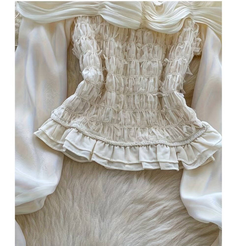 Ivory Off-Shoulder Smocked Blouse with Ruffled Trim - Picture 2 of 4
